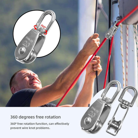 10 Pcs M20 Single Pulley Block 304 Stainless Steel M20 Pulleys for Rope, close-up showing rotating feature and usage on boat