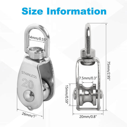 12 Pack M20 Single Pulley Block, 304 Stainless Steel Wire Rope Cable Pulley with dimensions marked, front and side view