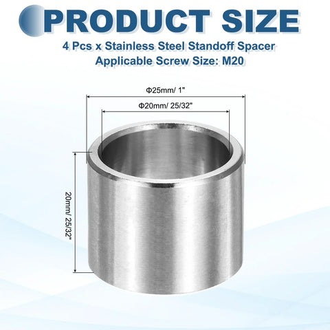 Four Pcs M20 304 Stainless Steel Spacers ID 20mm OD 25mm Unthreaded Round Standoff Bushings 20mm Length Silver