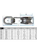 Side view of M20 Single Swivel Lifting 0.3" Rope Pulley Roller Block Sheave 0.03 Ton Timing Pulley(M20) with dimension chart.