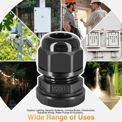 M20x1.5 black compression cable connector with IP66 rating, shown in multiple outdoor use settings for wiring and lighting.