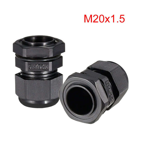 M20x1.5 Cable Gland Waterproof Plastic Joint With Adjustable Locknut For 6mm To 12mm Cable Diameter in black, two units shown.