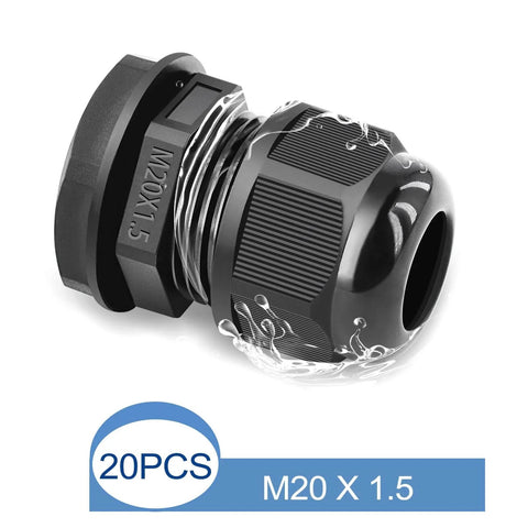 Waterproof M20x1.5 Cable Glands Set, 20 Pcs Black Compression Cable Connectors for Outdoor Lighting and Garden, IP66 Weatherproof