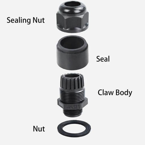 Components of M20x1.5 Nylon Cable Gland Joints 10 Piece Set Waterproof Adjustable 6 To 12mm Connectors With Gaskets
