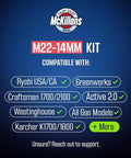 Compatibility list for M22-14mm Kit with Ryobi, Greenworks, Craftsman, Active, Westinghouse, Karcher, and more brands.