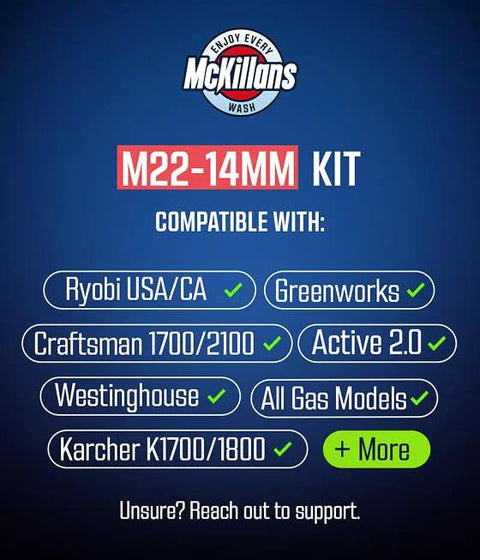 Compatibility list for M22-14mm Kit with Ryobi, Greenworks, Craftsman, Active, Westinghouse, Karcher, and more brands.