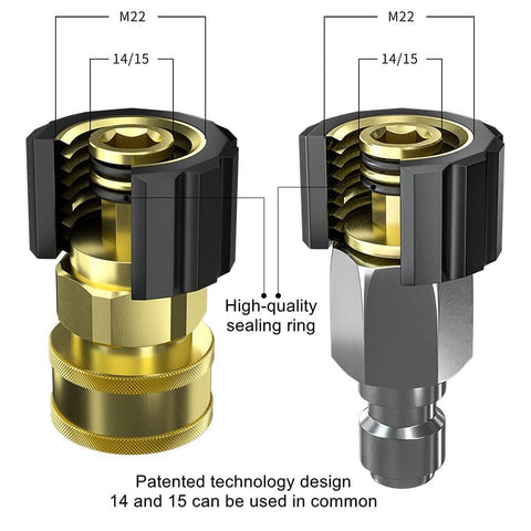 Pressure Washer Quick Connect Adapter Set M22 14mm To Three Eighths Inch Brass Fittings With Male Plug And Female Socket