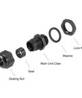 Exploded view of M22x1.5 Waterproof Nylon Cable Gland With Locknut And Washer, Adjustable 7mm To 12mm Hole Size, Black Enclosure Fitting