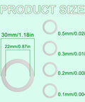 Product size of M22 flat shim set with various diameter and thickness for achieving precise mounting and spacing.