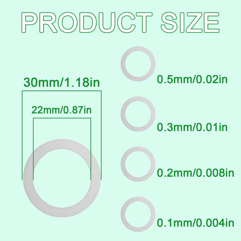 Product size of M22 flat shim set with various diameter and thickness for achieving precise mounting and spacing.