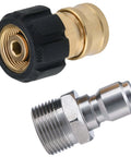 Pressure Washer Quick Connect Adapter Set M22 To Three Eighths Inch For Hose, M22 14mm To M22 Metric Fitting, brass and steel parts