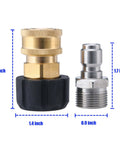 Pressure Washer Quick Connect Adapter Set M22 To Three Eighths Inch For Hose with measurements showing brass and steel parts