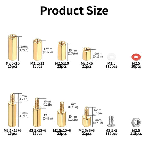 503 Piece M2.5 Brass Hex Spacer Standoff Kit With Male And Female Nuts For Electronics DIY Projects And PCBs, product sizes