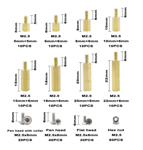 M2.5 Brass Male And Female Threaded Hex Standoffs Spacers And Stainless Phillips Screw Nuts Assortment Kit For Electronics