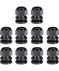 Ten Pcs M25 Cable Gland Waterproof Connector Plastic Wire Glands Joints Black For 11 To 18 Mm Diameter Wires No Fuss Easy Install Heavy Duty Seal Dustproof Anti Acid Alcohol Resistant shown in a 10-pack arrangement.