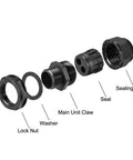 Exploded view of Heavy Duty M25 Cable Gland With Two Holes IP68 Waterproof Nylon Joint showing components: locknut, washer, claw, seal, sealing nut.