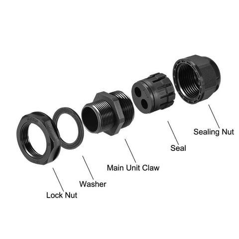 Exploded view of Heavy Duty M25 Cable Gland With Two Holes IP68 Waterproof Nylon Joint showing components: locknut, washer, claw, seal, sealing nut.