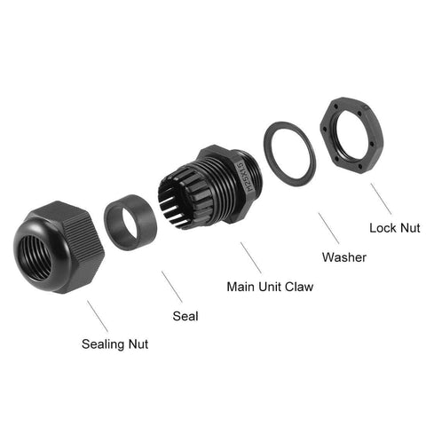 Exploded view of M25x1.5 Cable Gland For 12 To 15 Mm Wire Hole Waterproof Nylon Joint With Adjustable Locknut And Washer Black 20 Pcs