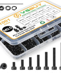1001Pcs M2.5 Screws Kit With Hex Socket Head Cap Screws Nuts And Washers 4 To 20mm 12.9 Grade Black Oxide labeled box with contents