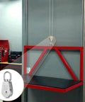 M25 Single Pulley Block Loading 550lbs installed in a workshop, shown lifting a red metal frame. CBTONE 10 Pack 304 Stainless Steel.
