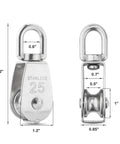 Front and side view of M25 Single Pulley Block Loading 550lbs, CBTONE 10 Pack 304 Stainless Steel Wire Rope Single Roller 25mm Lifting Crane Swivel Hook.