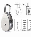 4Pcs M25 Stainless Steel Wire Rope Crane Double Pulley Block with swivel hook, showing dimensions and capacity chart