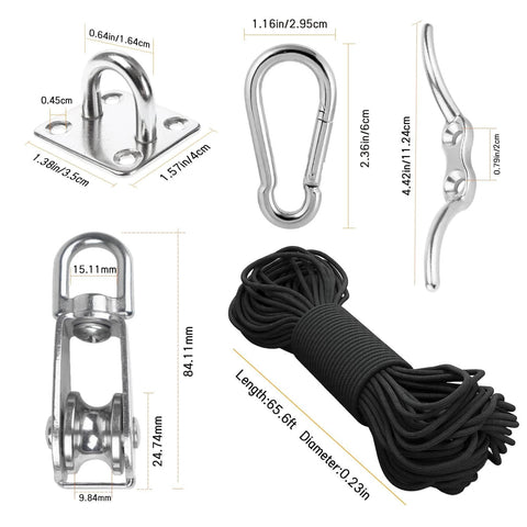 M25 Stainless Steel Pulley System Kit showing pulley wheel, nylon rope, hooks, eye pad plate, and rope cleat with measurements