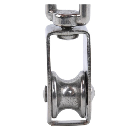 Close-up of M25 Stainless Steel Pulley Single/Double Wheel Swivel Lifting Rope Pulley Set for lifting and rigging tasks.