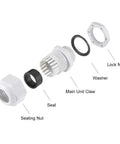 M25x1.5 Cable Gland Kit For 12mm-15mm Wire Holes Waterproof Nylon Joint With Adjustable Locknut And Washer White 10 Pieces Exploded View