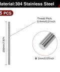 Five-piece set of M2x200mm fully threaded rods in 304 stainless steel, showing dimensions and close-up of threads, right-hand thread, 0.4 pitch