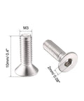 Close-up of M3 x 10mm Metric Hex Socket Countersunk Flat Head Screw Bolts, highlighting dimensions and hex socket.