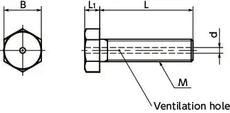 Technical drawing of SVHS-M3-12 NBK Hexagon Head Bolts with ventilation hole - 10 Vacuum Vented screws - Made in Japan.