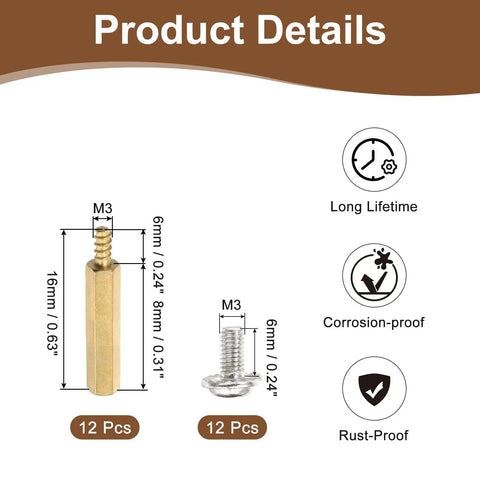 Product details showing Brass M3 Hex Standoffs 12 Pack For Motherboard with dimensions and features including long lifetime and corrosion-proof