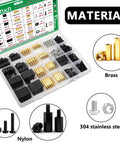 640PCS M3 Brass and Nylon Motherboard Standoffs Kit with hex spacers, screws, and nuts made from brass, nylon, and 304 stainless steel.