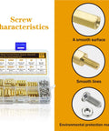 320Pcs M3 Motherboard Standoffs Screws Nuts Kit With Brass Spacer Standoffs in a compartment box, showing characteristics and details.