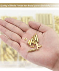 Close-up of hand holding small brass standoffs and nuts from 220 Piece M3 Brass Standoffs Kit With Screws And Nuts, assortment of spacers for PCBs