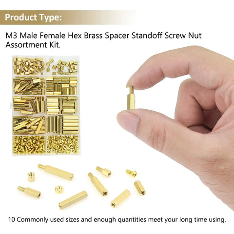 Hand holding part from 220 Piece M3 Brass Standoffs Kit With Screws And Nuts, Assortment Of M3 5 10 15 20mm Hex Spacers For PCBs And Motherboards