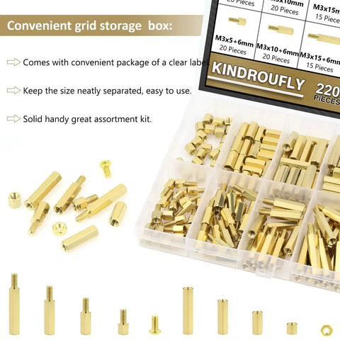 220 Piece M3 Brass Standoffs Kit With Screws And Nuts, Assortment Of M3 5 10 15 20mm Hex Spacers For PCBs And Motherboards