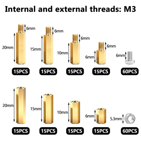 Diagram of 640PCS M3 Brass and Nylon Motherboard Standoffs Kit showing various sizes of male and female hex spacers and screws.