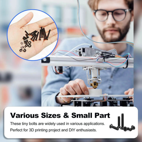 Man using 840 Pieces M3 Screws And Fasteners Set Carbon Steel Zinc Plated Countersunk Flat Head Phillips Bolts Washers for 3D printer.