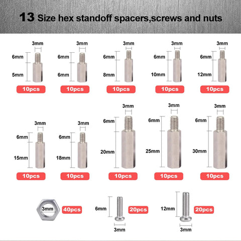 Illustration showing 13 sizes of M3 Hex Carbon Steel Standoff Kit 180 Pcs M3 Male And Female Spacers With Nuts And Bolts for PCB projects.