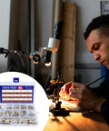 Man using M3 Hex Carbon Steel Standoff Kit 180 Pcs for circuit board project with close-up of kit contents.