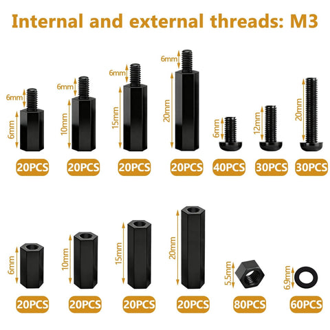 640PCS M3 Brass and Nylon Motherboard Standoffs Kit with various hex spacer sizes shown, suitable for circuit and PCB boards.