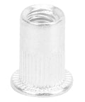 Close-up of a M3 to M10 aluminum rivet nut from the Pull Rivet Nuts Aluminum Set for metal plates and pipes, vertical install.