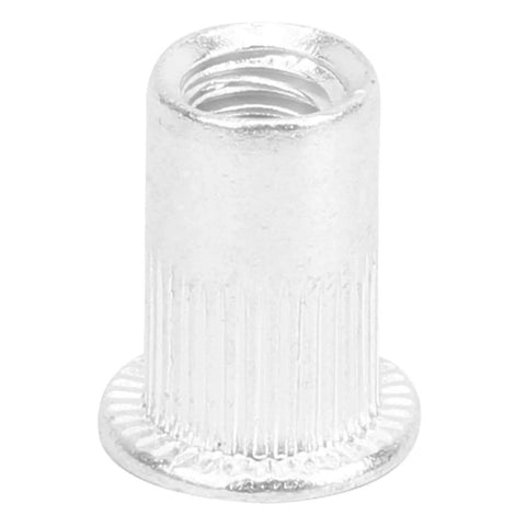Close-up of a M3 to M10 aluminum rivet nut from the Pull Rivet Nuts Aluminum Set for metal plates and pipes, vertical install.