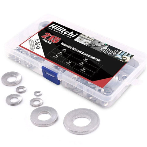 M3 To M12 304 Stainless Belleville Spring Washer Assortment Kit With 7 Sizes in transparent case with 215 pieces displayed