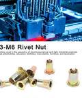 240 Piece Rivet Nut Set M3 M4 M5 M6 Zinc Plated Quick Riveting Hardware For Metal Panels Pipes And Lightweight Industrial Projects Pro Grade Durable Carbon Steel Oxidation Resistant Easy Fastening Kit shown with machinery background and loose nuts displayed.