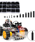 350Pcs M3 Nylon Hex Spacer Standoff Kit With Male And Female Spacers Nuts And Screws For PCB Circuit Board And Computer Motherboard Assemblies In Black Versatile Assorted Sizes For DIY Projects Prototyping And Repairs with a DIY robot car model