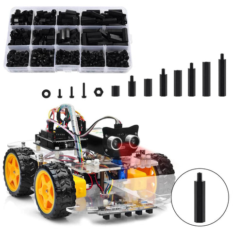 350Pcs M3 Nylon Hex Spacer Standoff Kit With Male And Female Spacers Nuts And Screws For PCB Circuit Board And Computer Motherboard Assemblies In Black Versatile Assorted Sizes For DIY Projects Prototyping And Repairs with a DIY robot car model