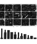 600Pcs M3 Nylon Hex Spacer Standoffs And Screws Assortment Kit For PCB And Motherboard Mounting, black components arranged